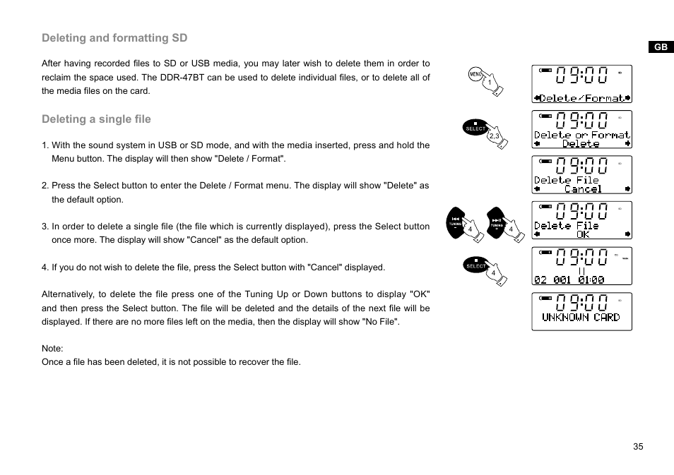 Deleting and formatting sd, Deleting a single file | Sangean DDR-47BT (R1) User Manual | Page 36 / 54