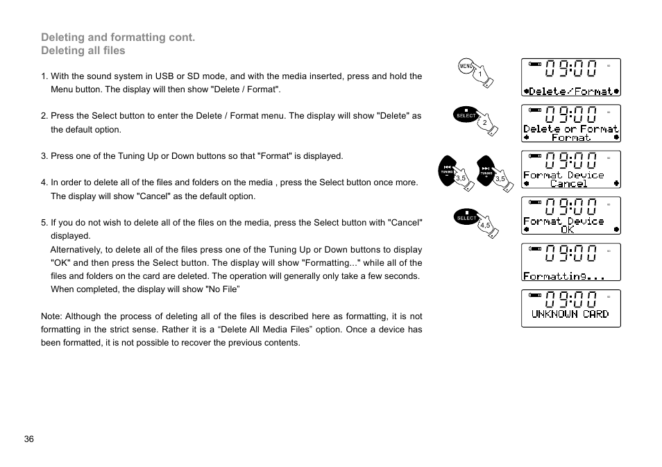 Deleting and formatting cont. deleting all files | Sangean DDR-47BT (R1) User Manual | Page 37 / 54