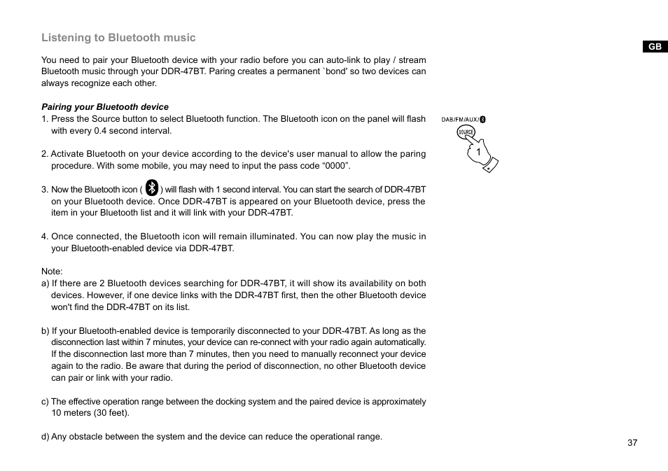 Listening to bluetooth music | Sangean DDR-47BT (R1) User Manual | Page 38 / 54