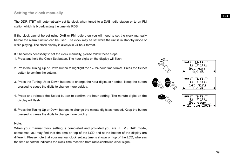 Setting the clock manually | Sangean DDR-47BT (R1) User Manual | Page 40 / 54
