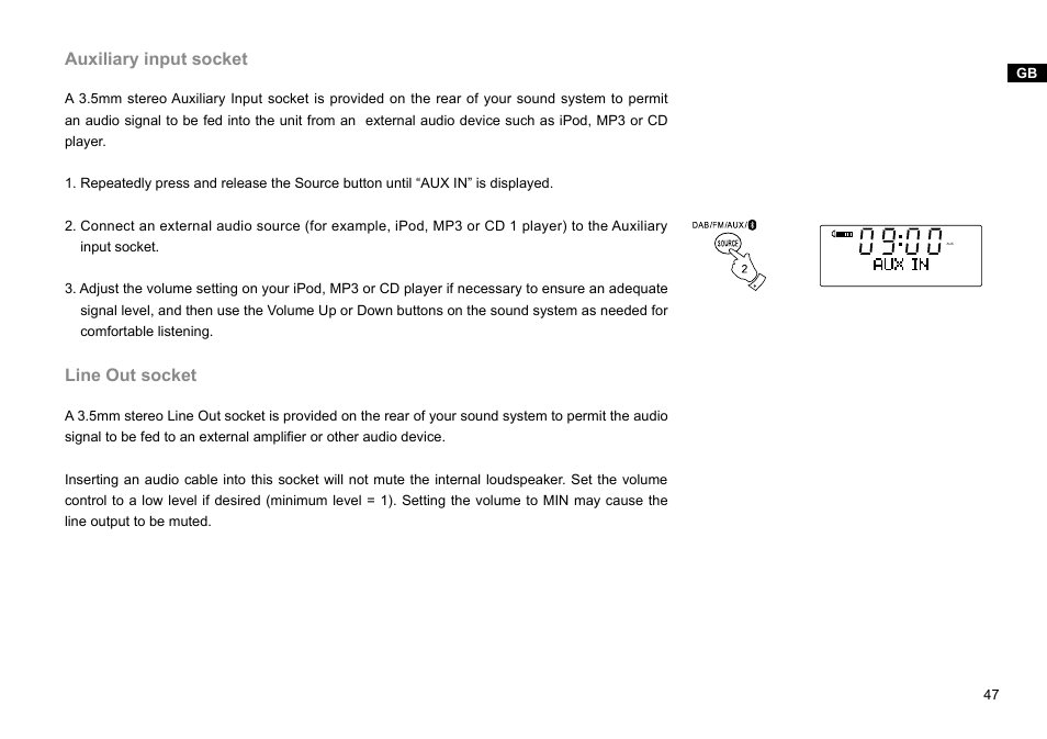 Auxiliary input socket, Line out socket | Sangean DDR-47BT (R1) User Manual | Page 48 / 54