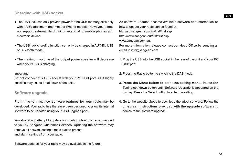 Charging with usb socket, Software upgrade | Sangean DDR-47BT (R1) User Manual | Page 52 / 54