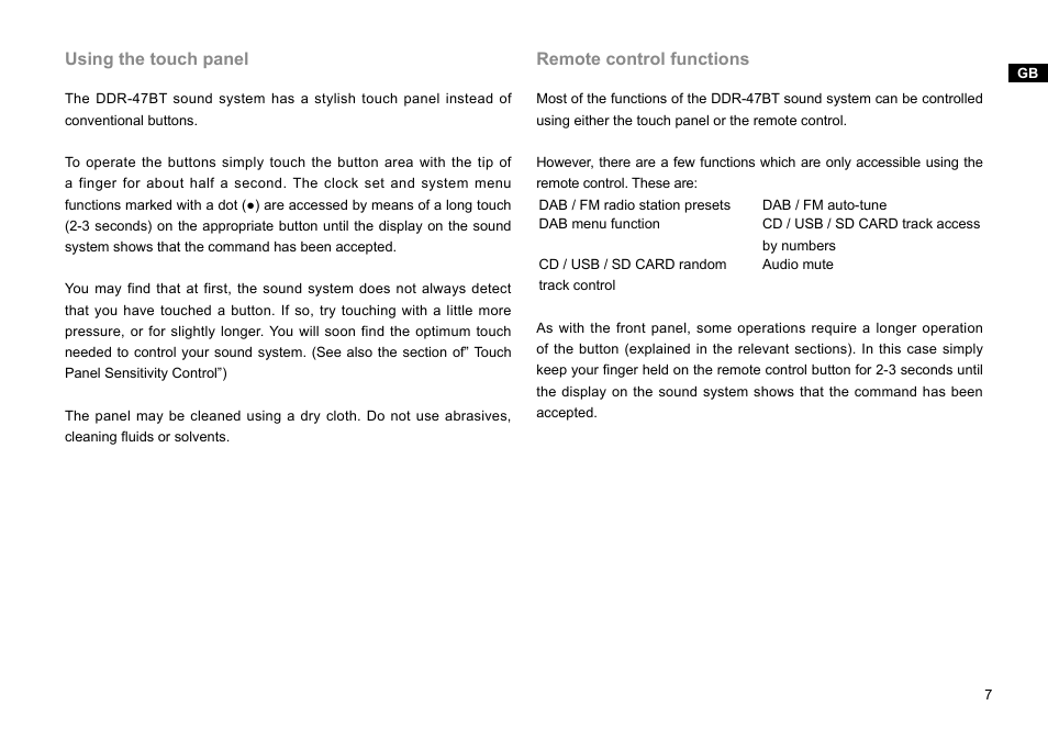 Using the touch panel, Remote control functions | Sangean DDR-47BT (R1) User Manual | Page 8 / 54