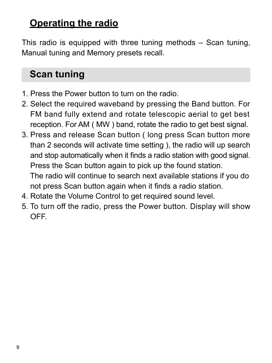 Operating the radio, Scan tuning | Sangean Package PR-D7 (R2) User Manual | Page 10 / 17