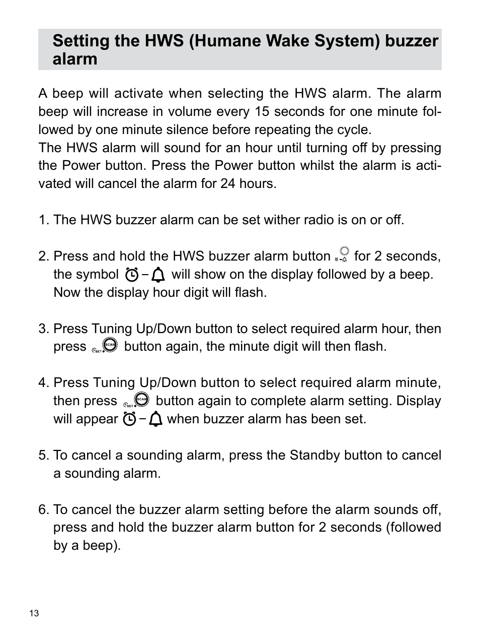 Setting the hws (humane wake system) buzzer alarm | Sangean Package PR-D7 (R2) User Manual | Page 14 / 17