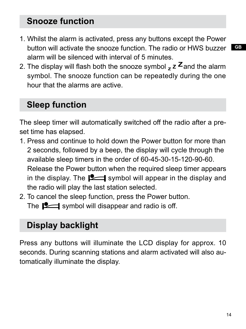 Snooze function, Sleep function, Display backlight | Sangean Package PR-D7 (R2) User Manual | Page 15 / 17