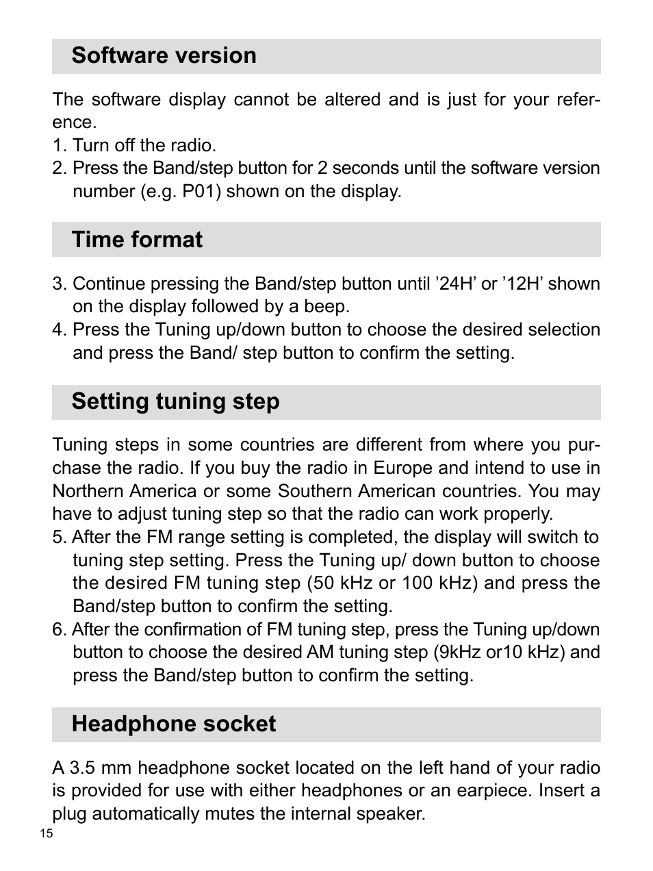 Software version, Time format, Setting tuning step | Headphone socket | Sangean Package PR-D7 (R2) User Manual | Page 16 / 17