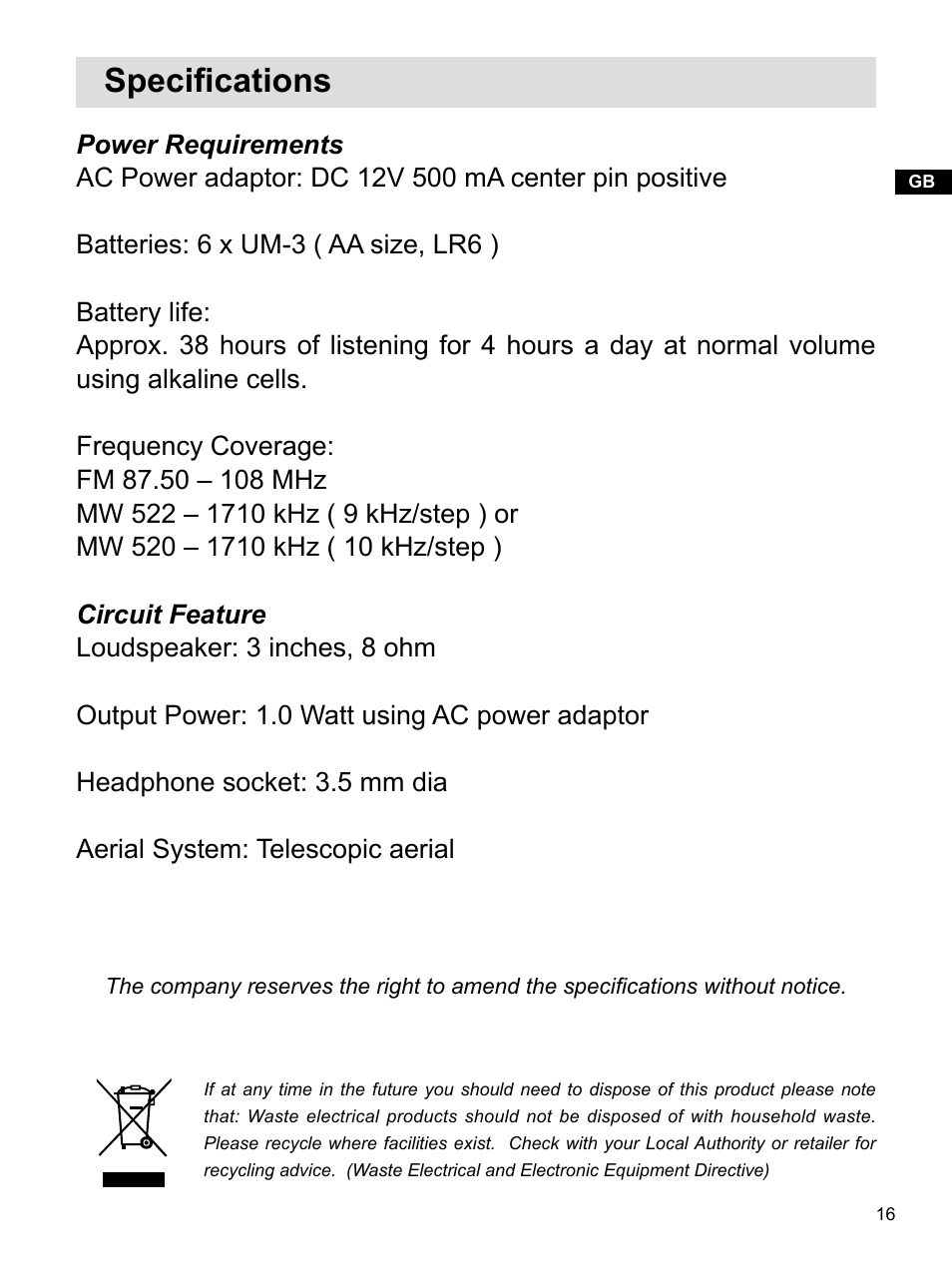 Specifications | Sangean Package PR-D7 (R2) User Manual | Page 17 / 17