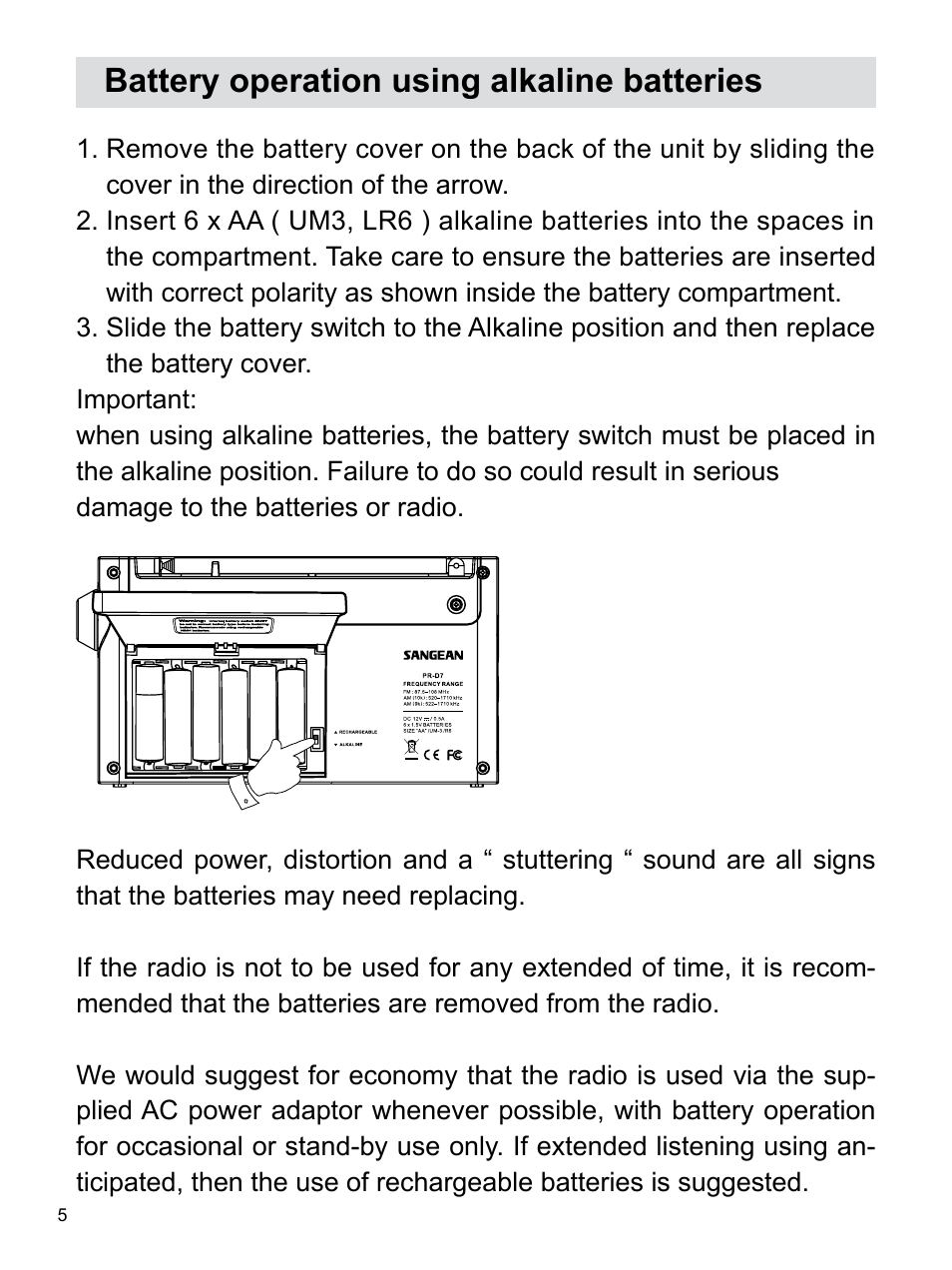 Battery operation using alkaline batteries | Sangean Package PR-D7 (R2) User Manual | Page 6 / 17