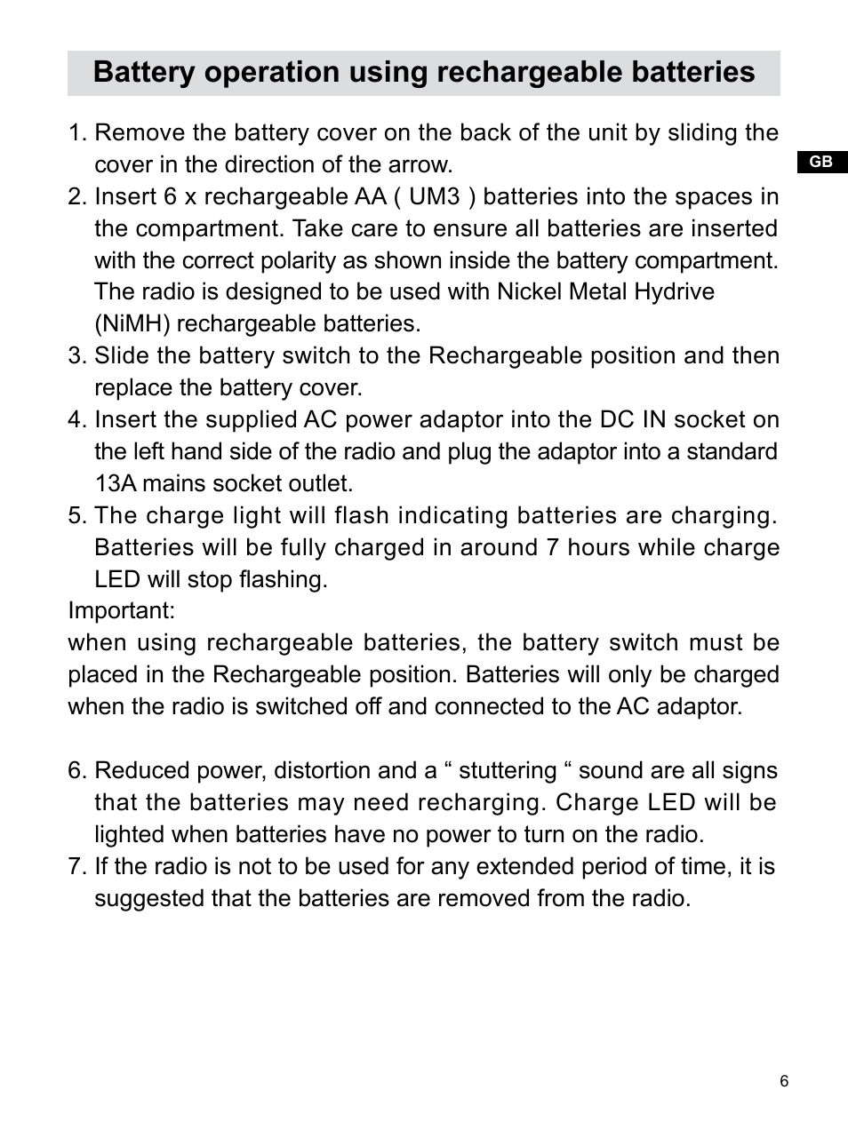 Battery operation using rechargeable batteries | Sangean Package PR-D7 (R2) User Manual | Page 7 / 17