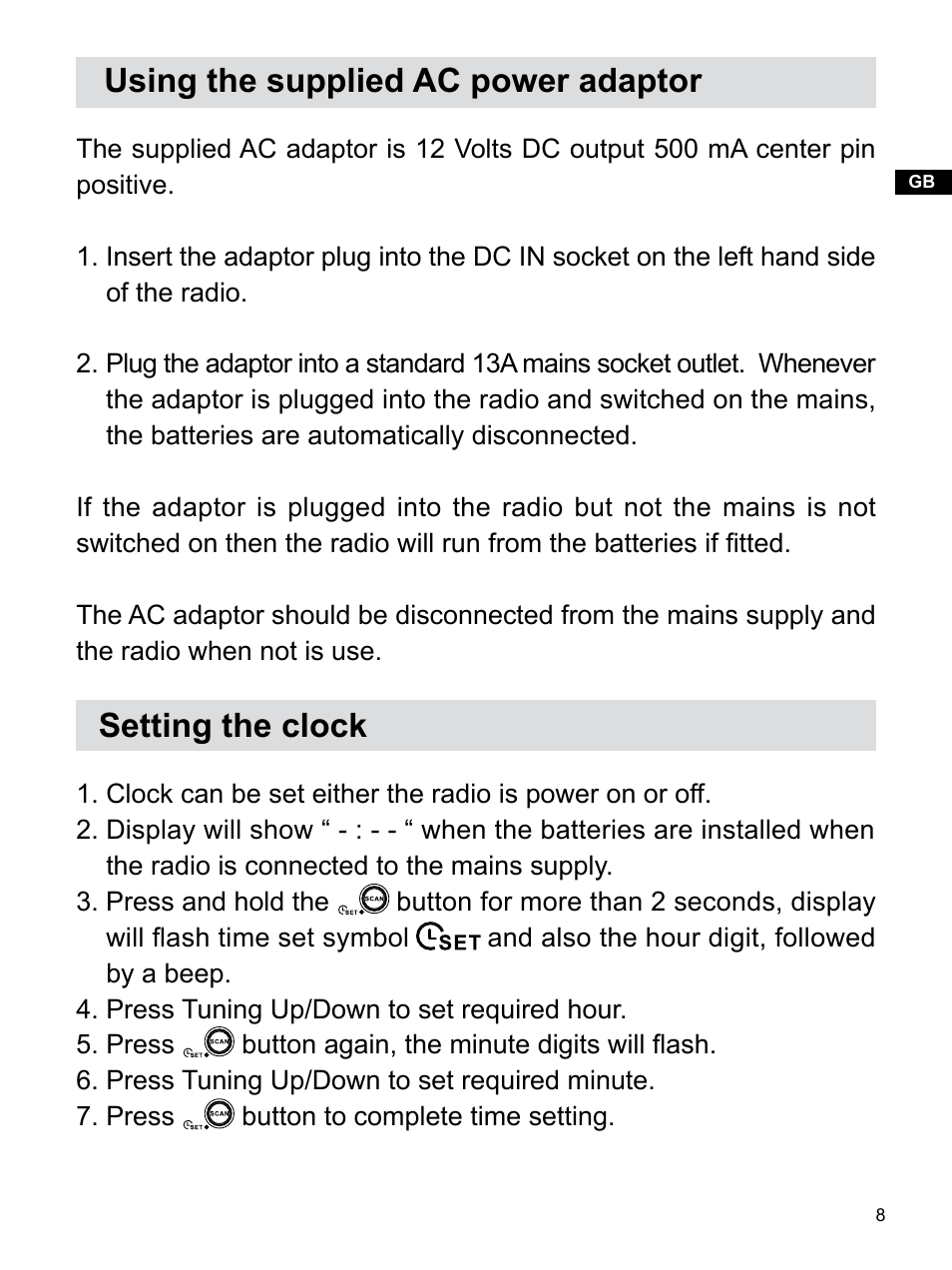 Using the supplied ac power adaptor, Setting the clock | Sangean Package PR-D7 (R2) User Manual | Page 9 / 17