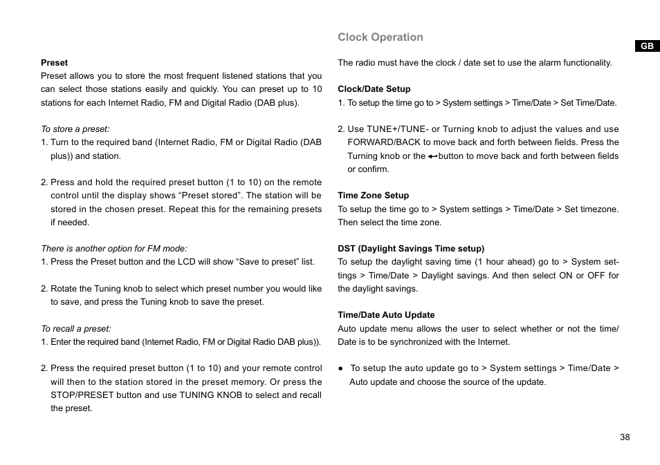 Clock operation | Sangean WFT-1Di (V1) User Manual | Page 39 / 45