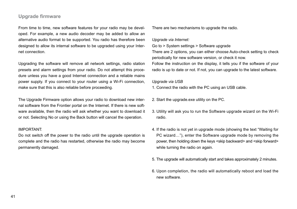 Upgrade firmware | Sangean WFT-1Di (V1) User Manual | Page 42 / 45