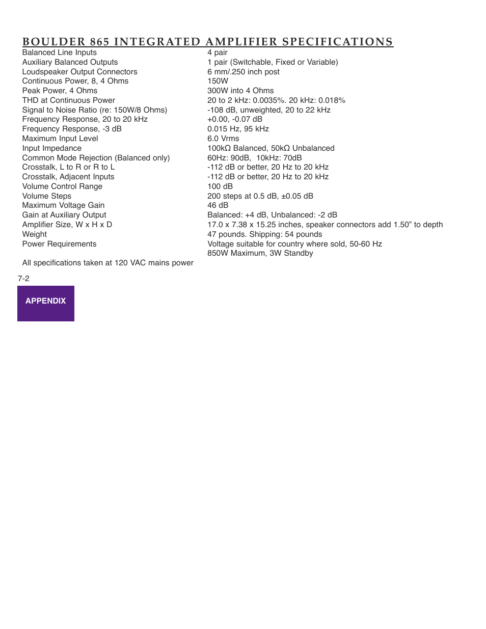 Boulder 865 integrated amplifier specifications | Boulder Amplifiers Integrated Amplifier 865 User Manual | Page 41 / 43