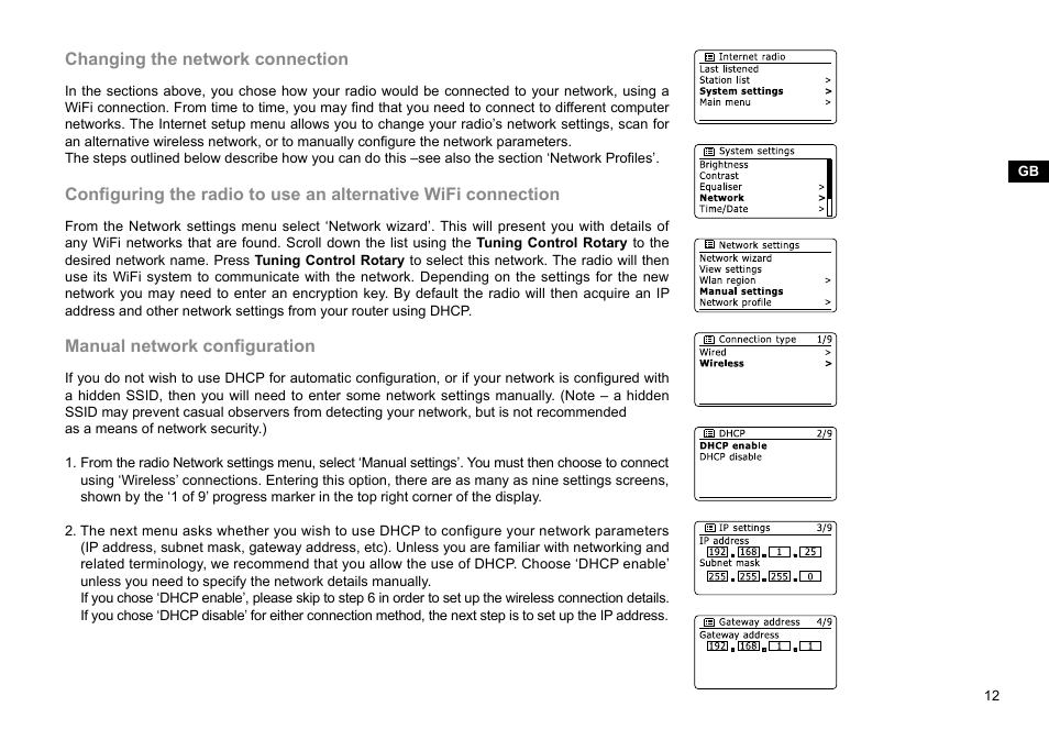 Changing the network connection, Manual network configuration | Sangean WFR-28D (R2) User Manual | Page 13 / 83