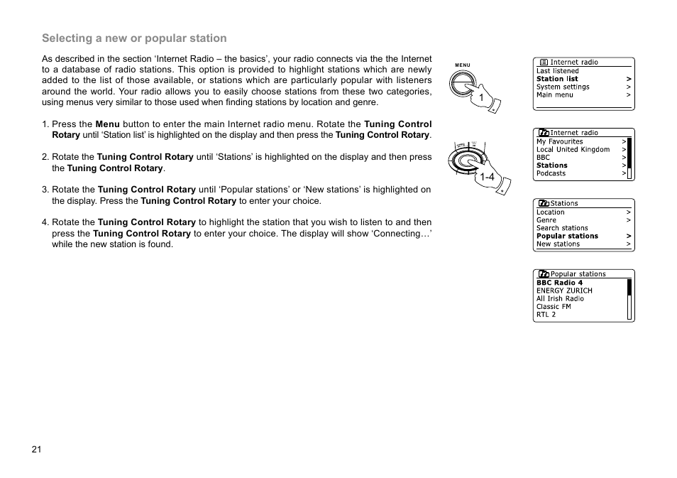 Selecting a new or popular station | Sangean WFR-28D (R2) User Manual | Page 22 / 83