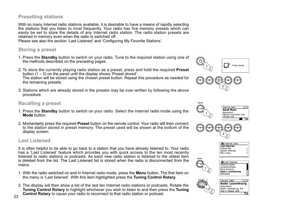 Presetting stations, Storing a preset, Recalling a preset | Last listened | Sangean WFR-28D (R2) User Manual | Page 24 / 83