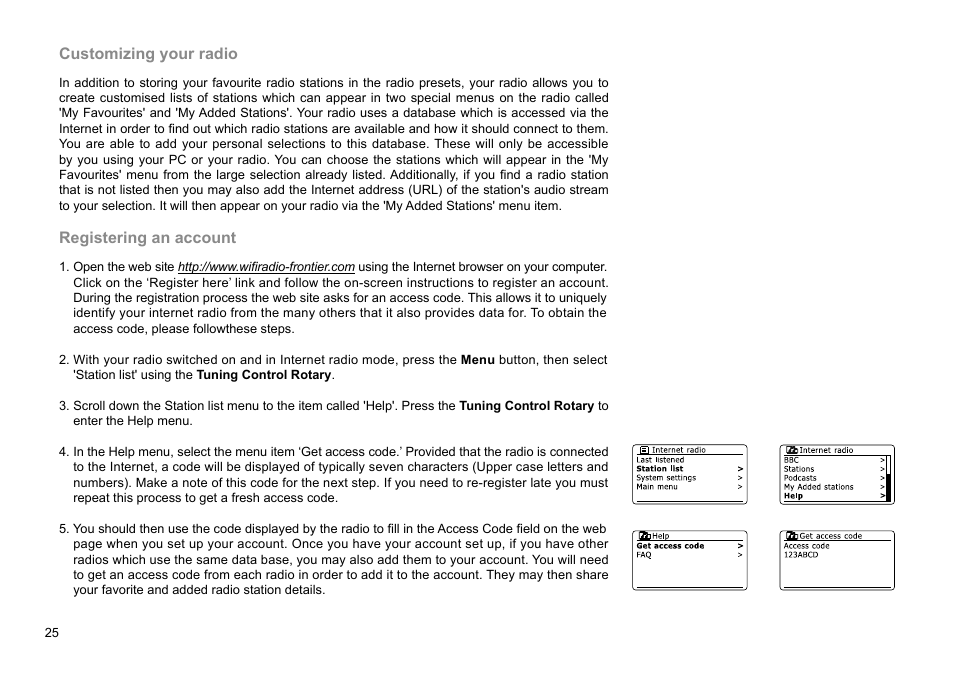 Customizing your radio, Registering an account | Sangean WFR-28D (R2) User Manual | Page 26 / 83