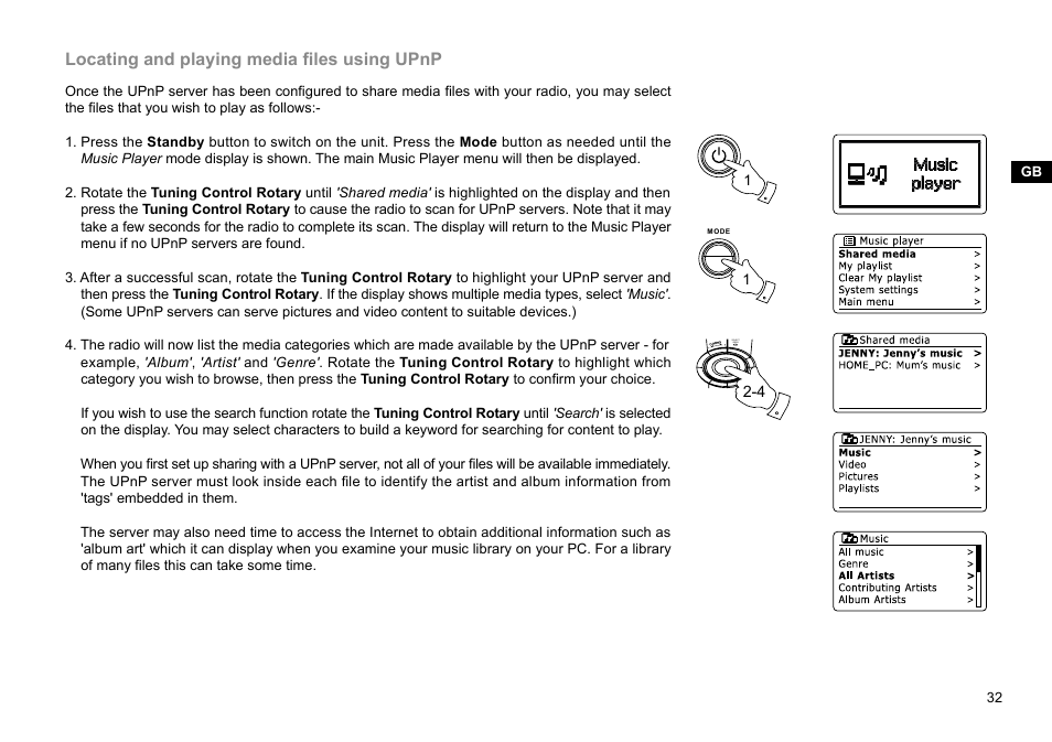 Locating and playing media files using upnp | Sangean WFR-28D (R2) User Manual | Page 33 / 83