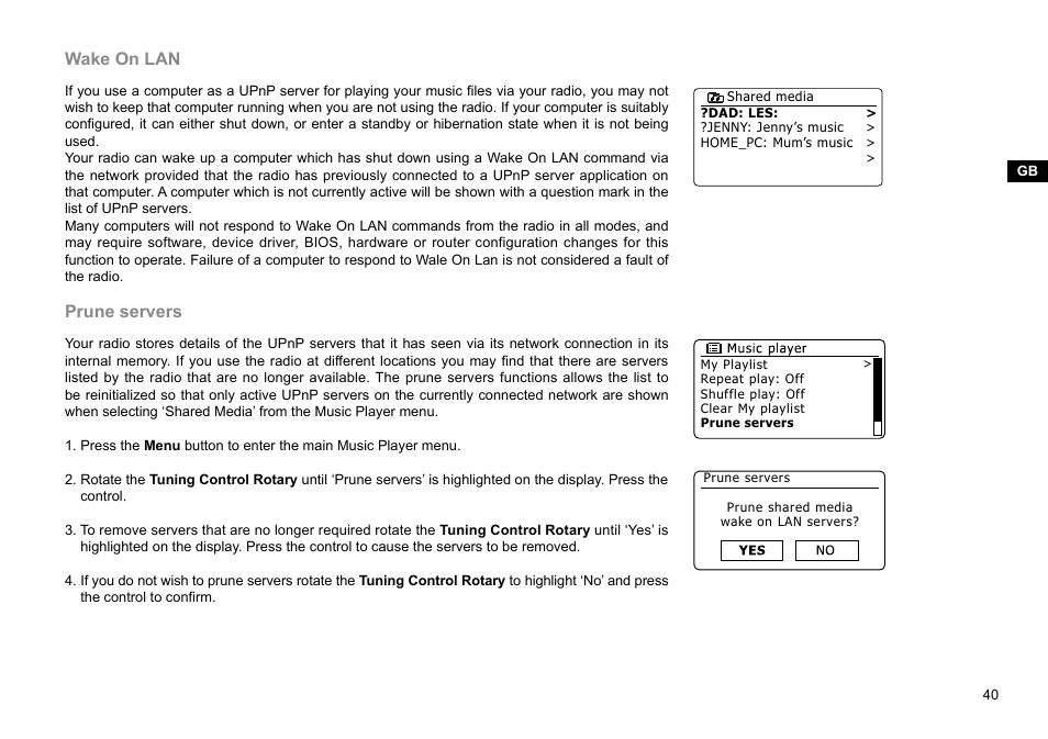 Wake on lan, Prune servers | Sangean WFR-28D (R2) User Manual | Page 41 / 83