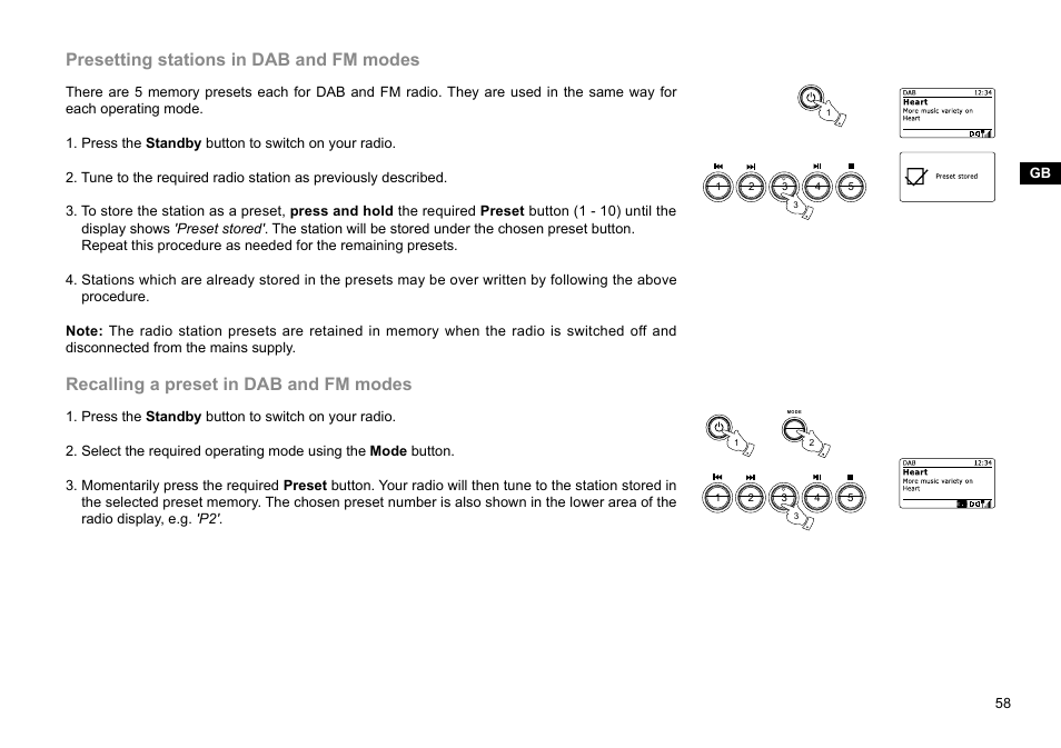 Presetting stations in dab and fm modes, Recalling a preset in dab and fm modes | Sangean WFR-28D (R2) User Manual | Page 59 / 83
