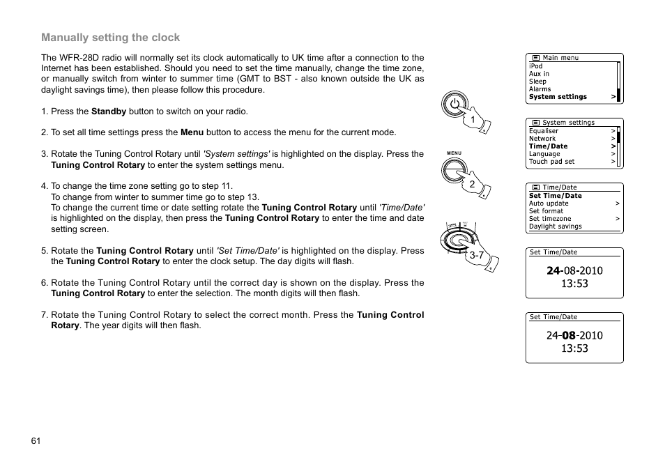 Manually setting the clock | Sangean WFR-28D (R2) User Manual | Page 62 / 83