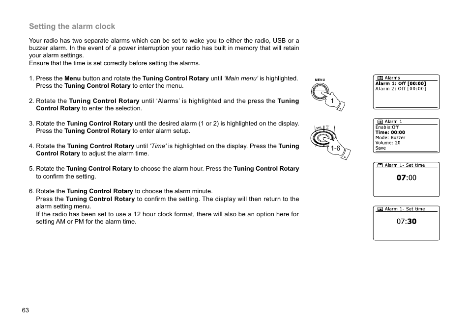 Setting the alarm clock | Sangean WFR-28D (R2) User Manual | Page 64 / 83