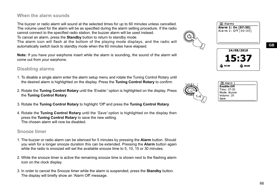 When the alarm sounds, Disabling alarms, Snooze timer | Sangean WFR-28D (R2) User Manual | Page 67 / 83