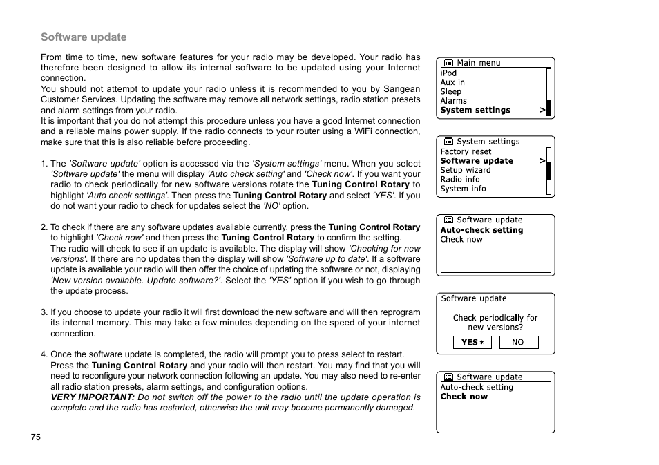 Software update | Sangean WFR-28D (R2) User Manual | Page 76 / 83
