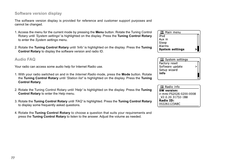 Software version display, Audio faq | Sangean WFR-28D (R2) User Manual | Page 78 / 83