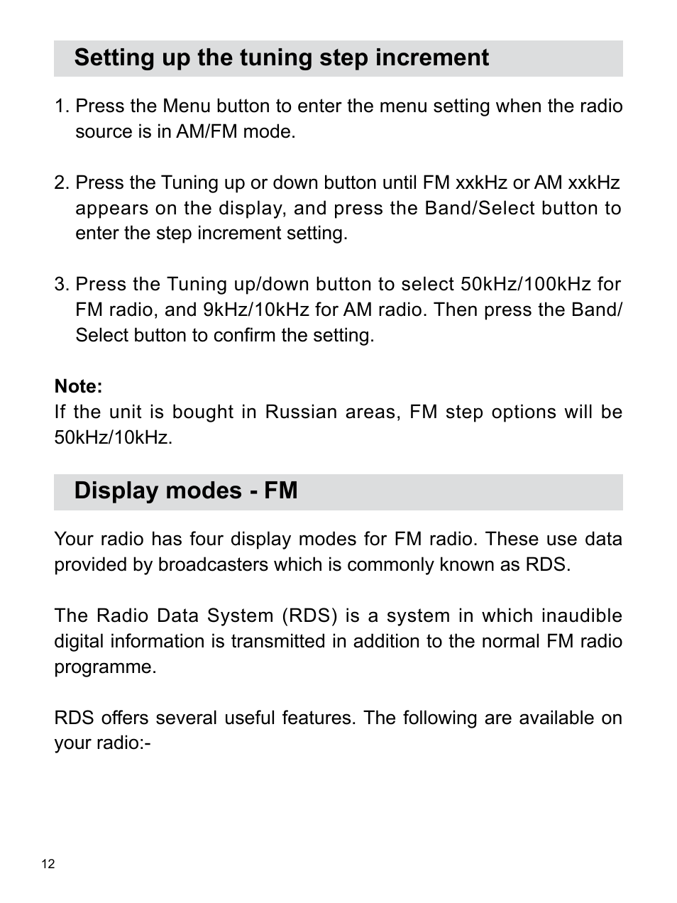 Setting up the tuning step increment, Display modes - fm | Sangean RCR-22 (R2) User Manual | Page 13 / 25