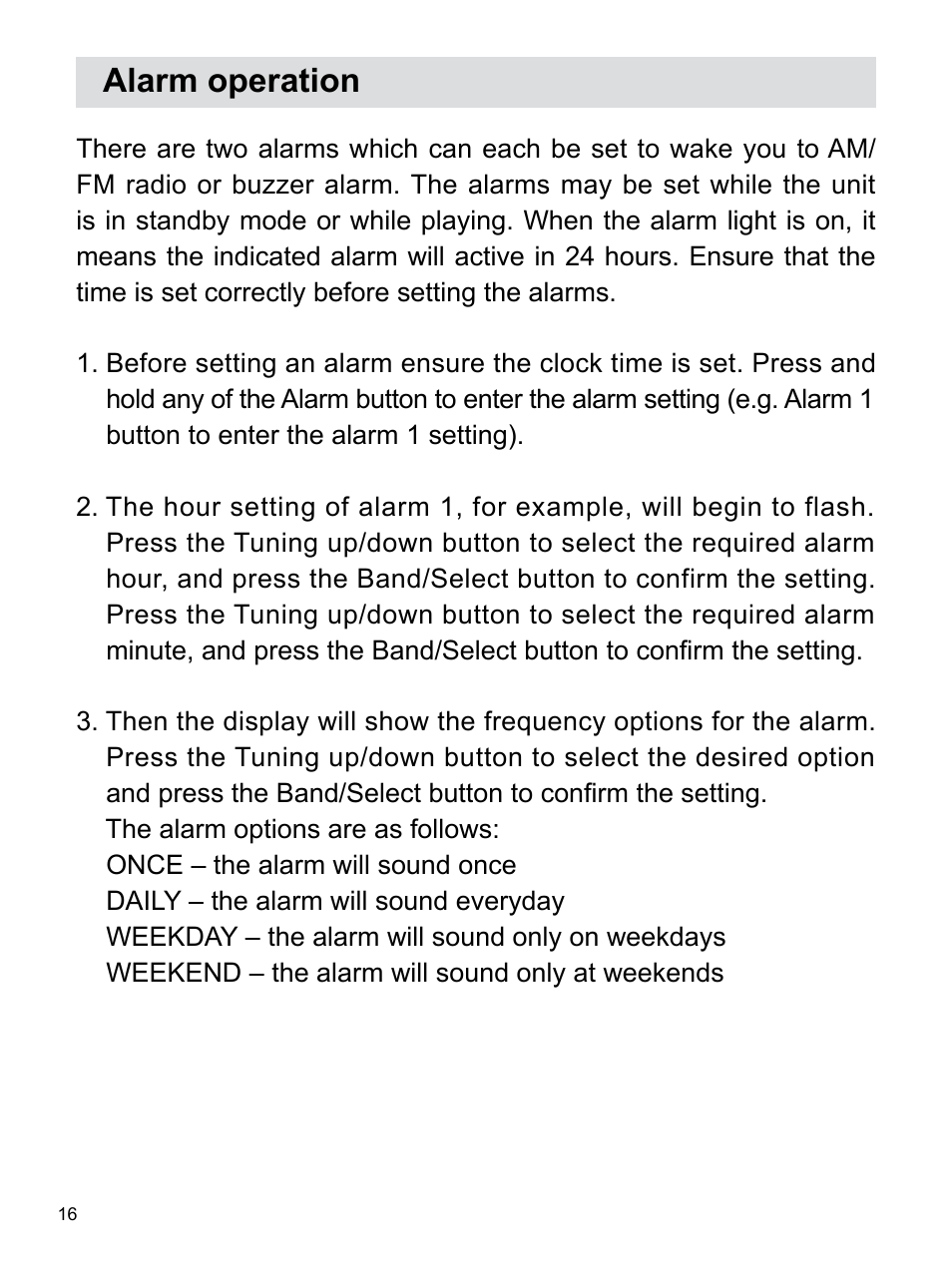 Alarm operation | Sangean RCR-22 (R2) User Manual | Page 17 / 25