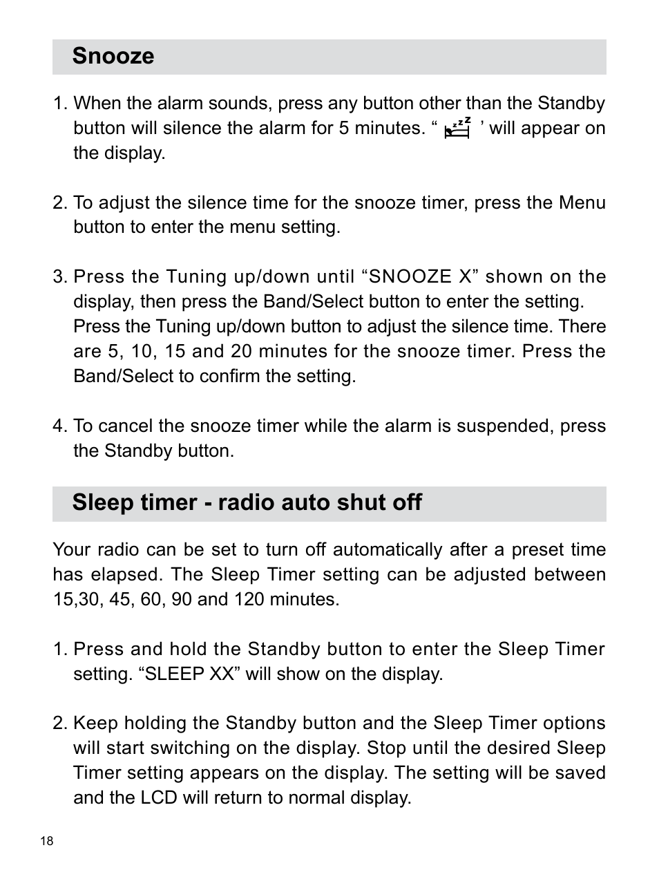 Snooze, Sleep timer - radio auto shut off | Sangean RCR-22 (R2) User Manual | Page 19 / 25