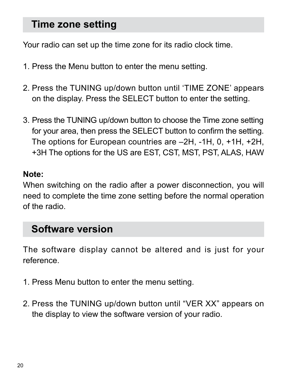 Time zone setting, Software version | Sangean RCR-22 (R2) User Manual | Page 21 / 25