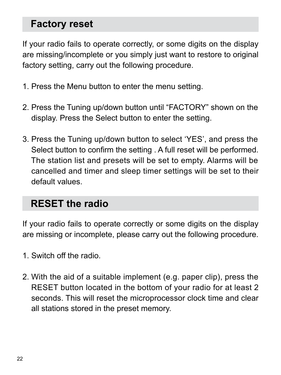 Factory reset, Reset the radio | Sangean RCR-22 (R2) User Manual | Page 23 / 25