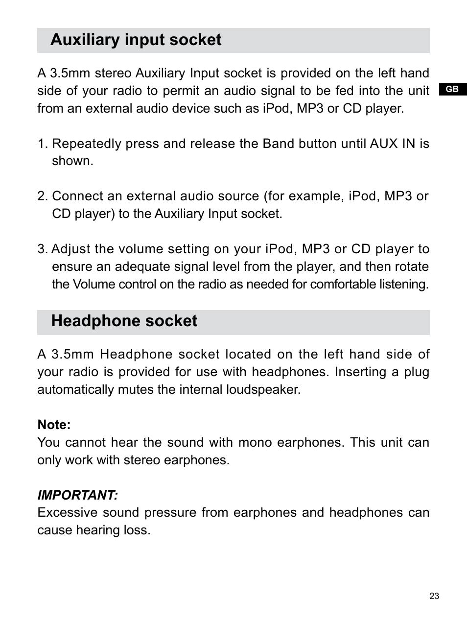 Auxiliary input socket, Headphone socket | Sangean RCR-22 (R2) User Manual | Page 24 / 25