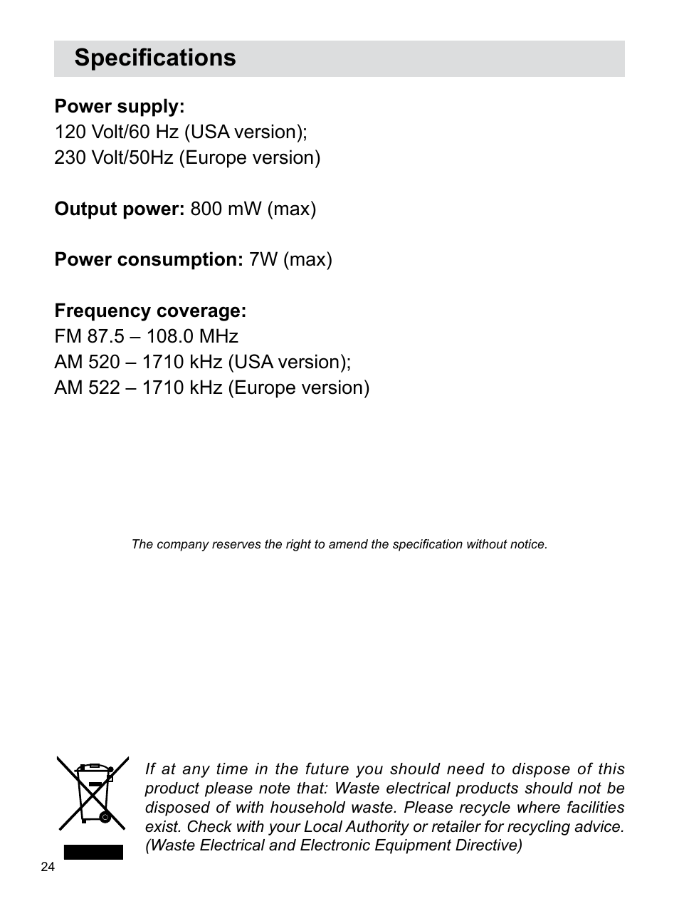 Specifications | Sangean RCR-22 (R2) User Manual | Page 25 / 25