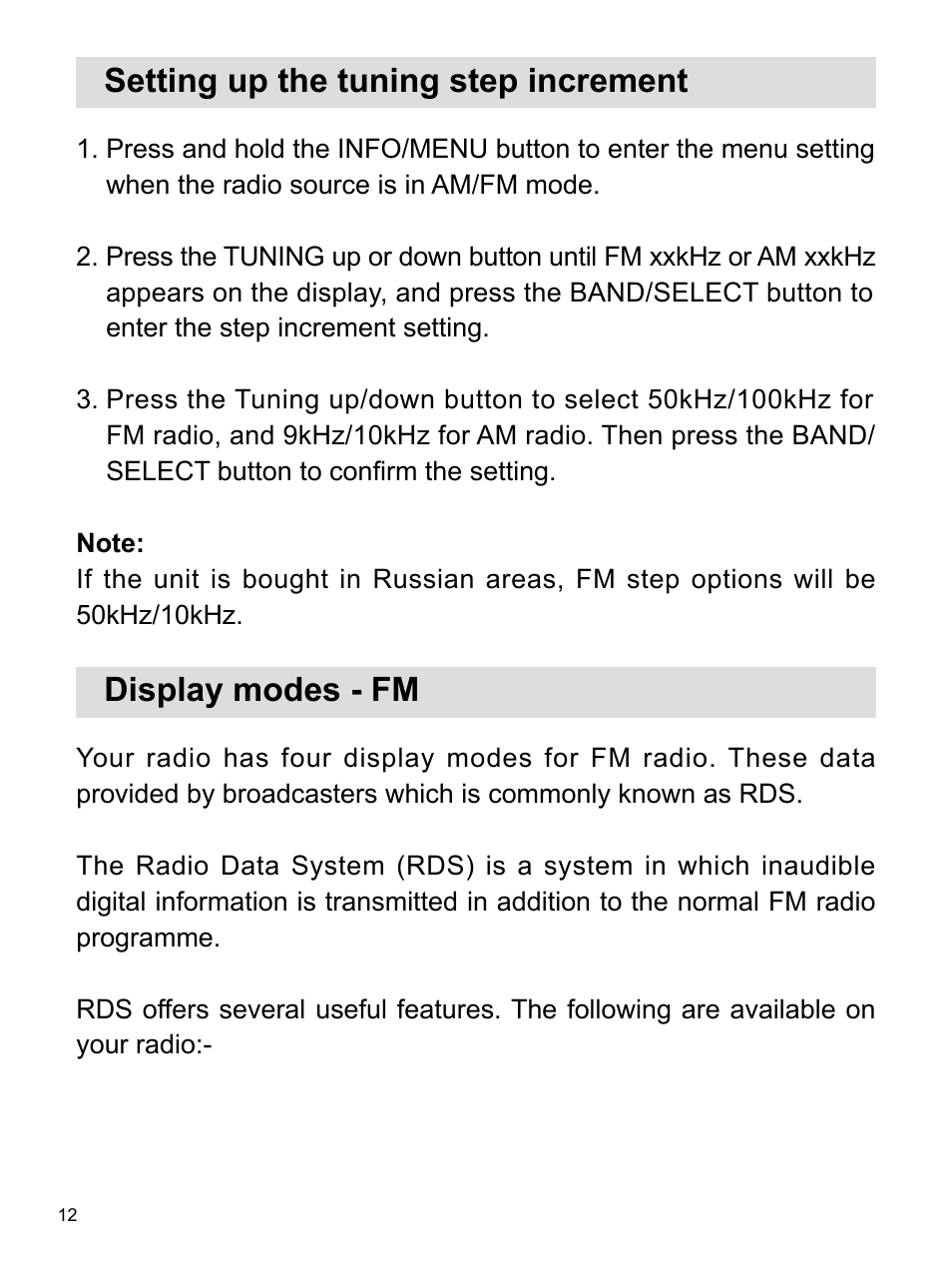 Setting up the tuning step increment, Display modes - fm | Sangean RCR-3 (R2) User Manual | Page 13 / 24