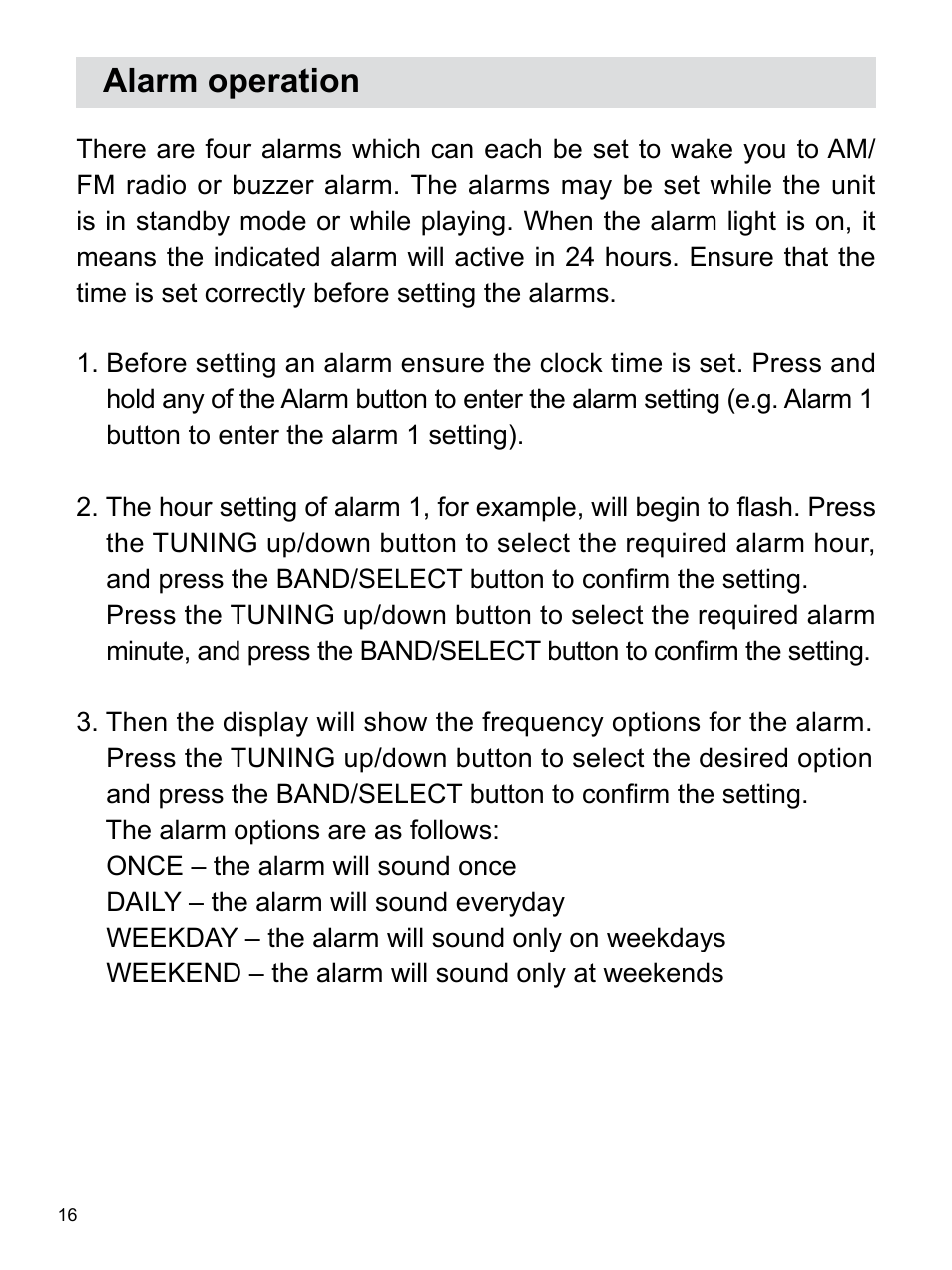 Alarm operation | Sangean RCR-3 (R2) User Manual | Page 17 / 24