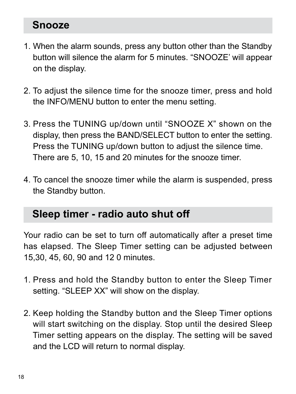Snooze, Sleep timer - radio auto shut off | Sangean RCR-3 (R2) User Manual | Page 19 / 24