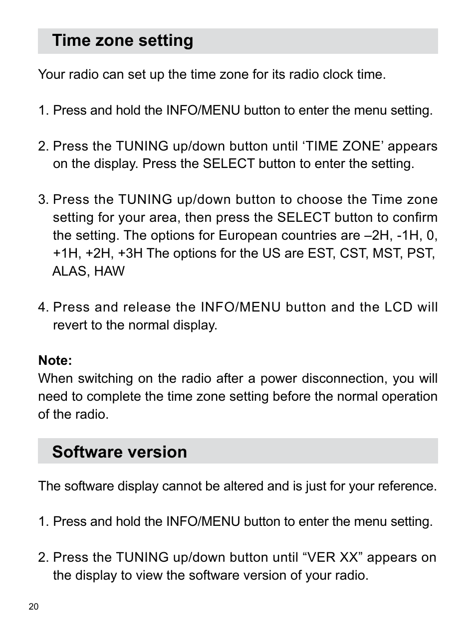 Time zone setting, Software version | Sangean RCR-3 (R2) User Manual | Page 21 / 24