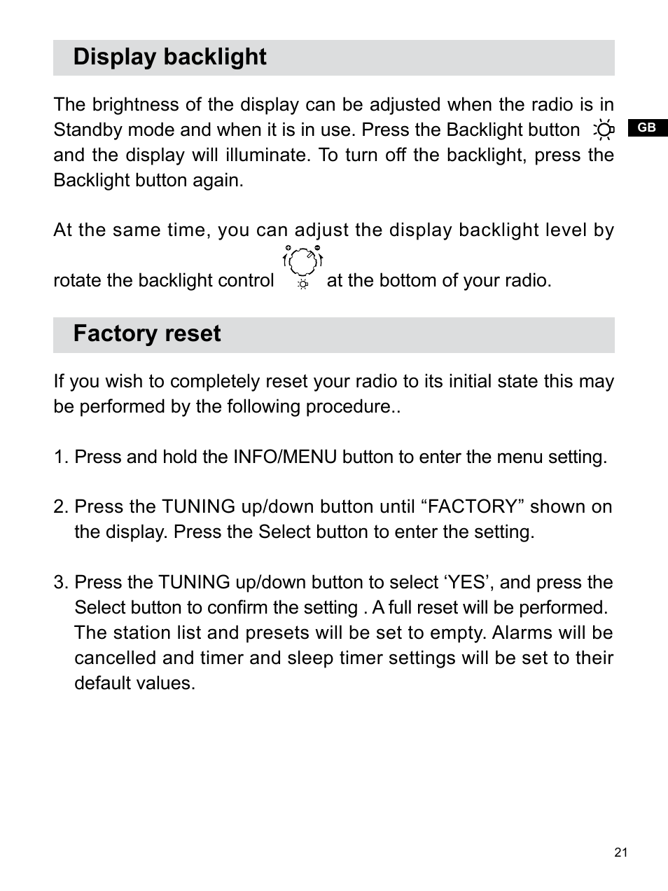 Display backlight, Factory reset | Sangean RCR-3 (R2) User Manual | Page 22 / 24