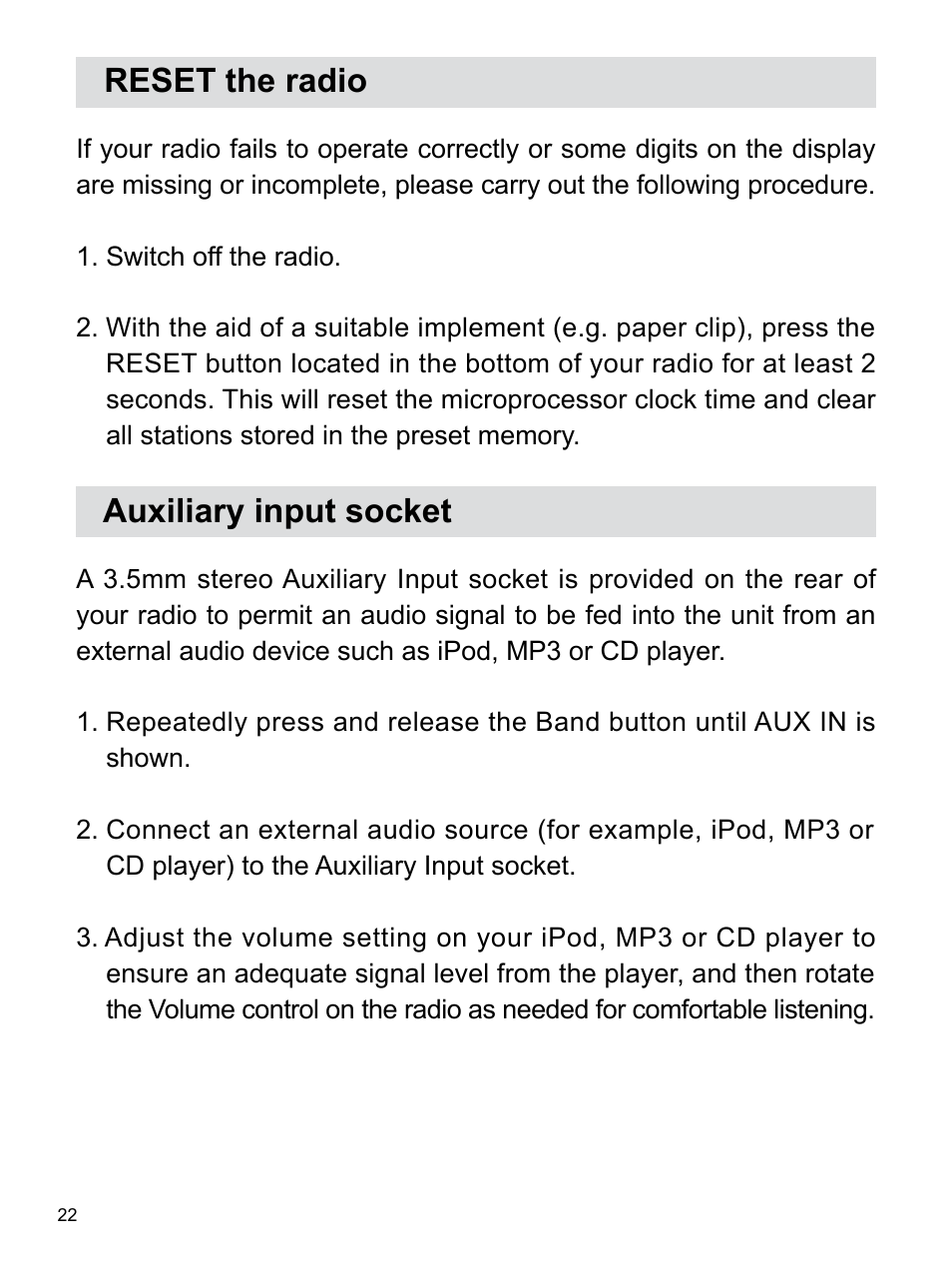 Reset the radio, Auxiliary input socket | Sangean RCR-3 (R2) User Manual | Page 23 / 24