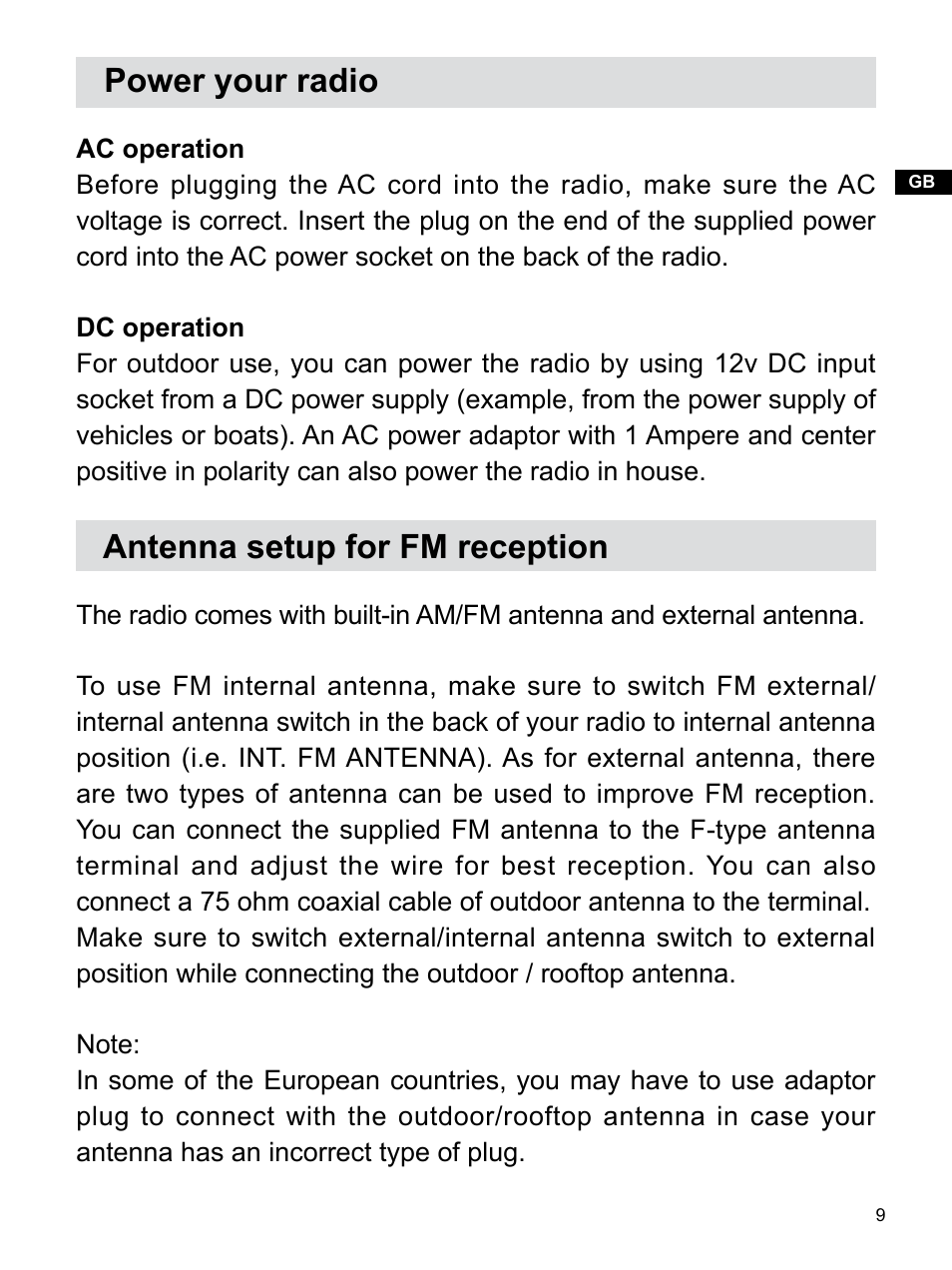 Power your radio, Antenna setup for fm reception | Sangean WR-22 (V1) User Manual | Page 10 / 41