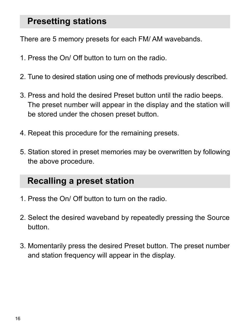 Presetting stations, Recalling a preset station | Sangean WR-22 (V1) User Manual | Page 17 / 41