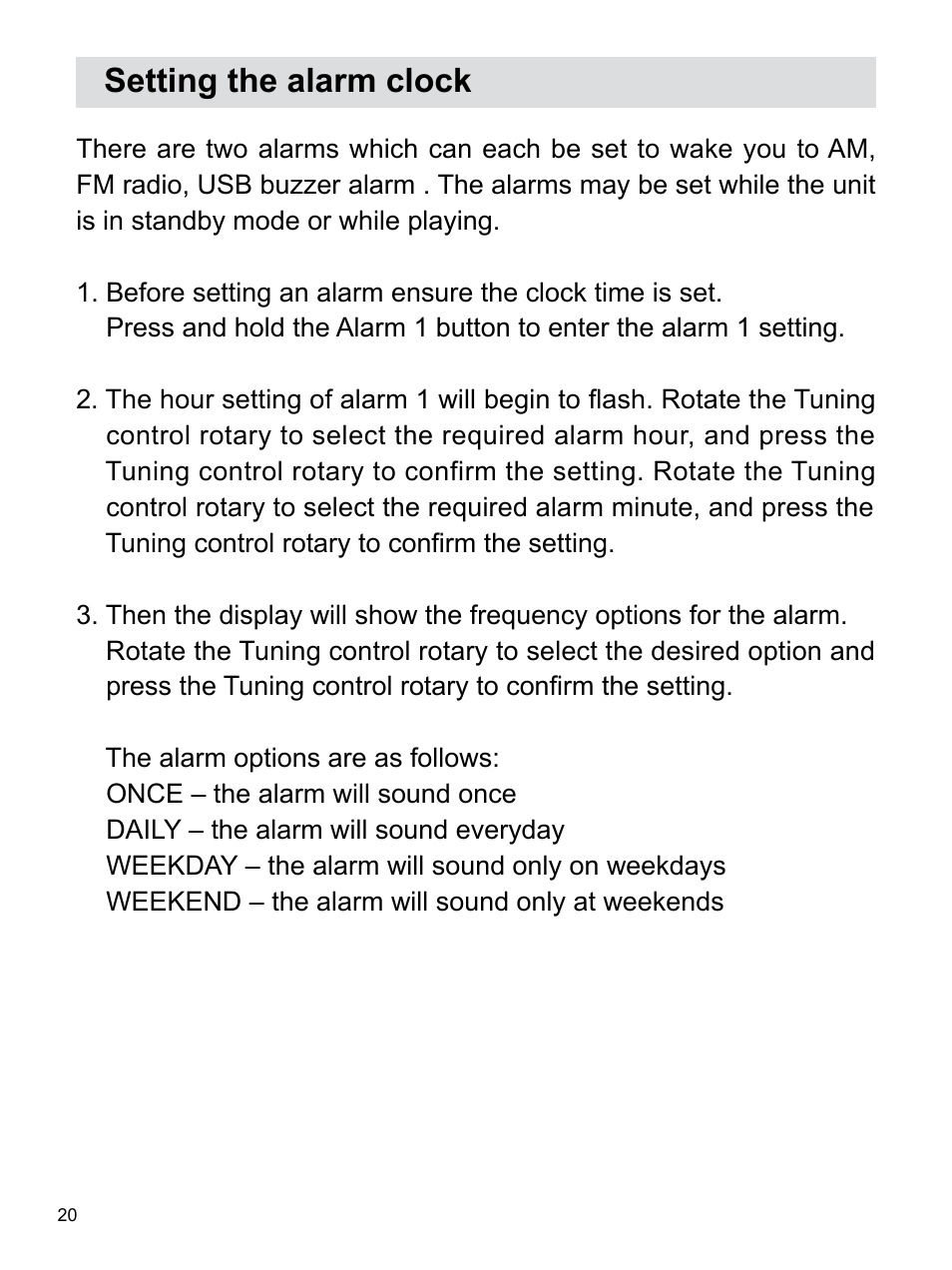 Setting the alarm clock | Sangean WR-22 (V1) User Manual | Page 21 / 41