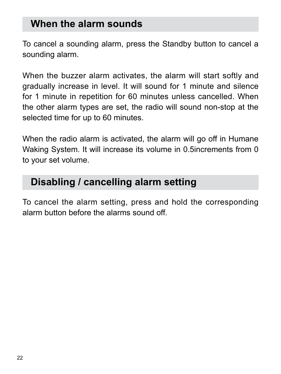 When the alarm sounds, Disabling / cancelling alarm setting | Sangean WR-22 (V1) User Manual | Page 23 / 41