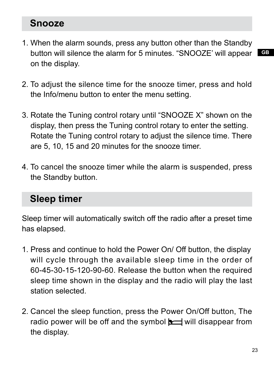 Snooze, Sleep timer | Sangean WR-22 (V1) User Manual | Page 24 / 41