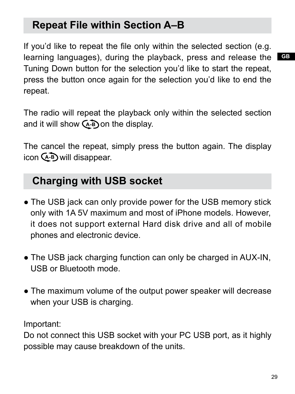 Charging with usb socket | Sangean WR-22 (V1) User Manual | Page 30 / 41