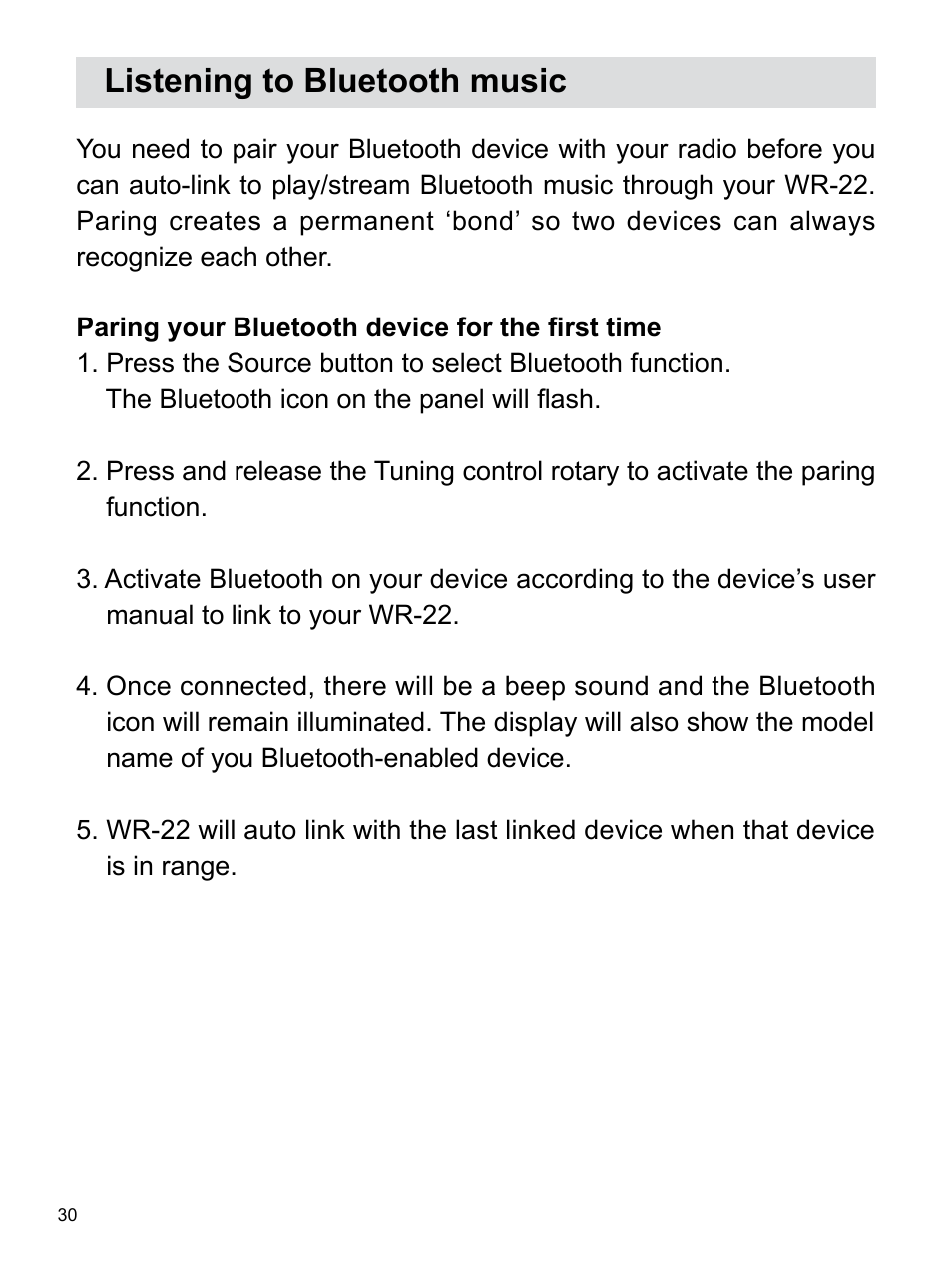 Listening to bluetooth music | Sangean WR-22 (V1) User Manual | Page 31 / 41